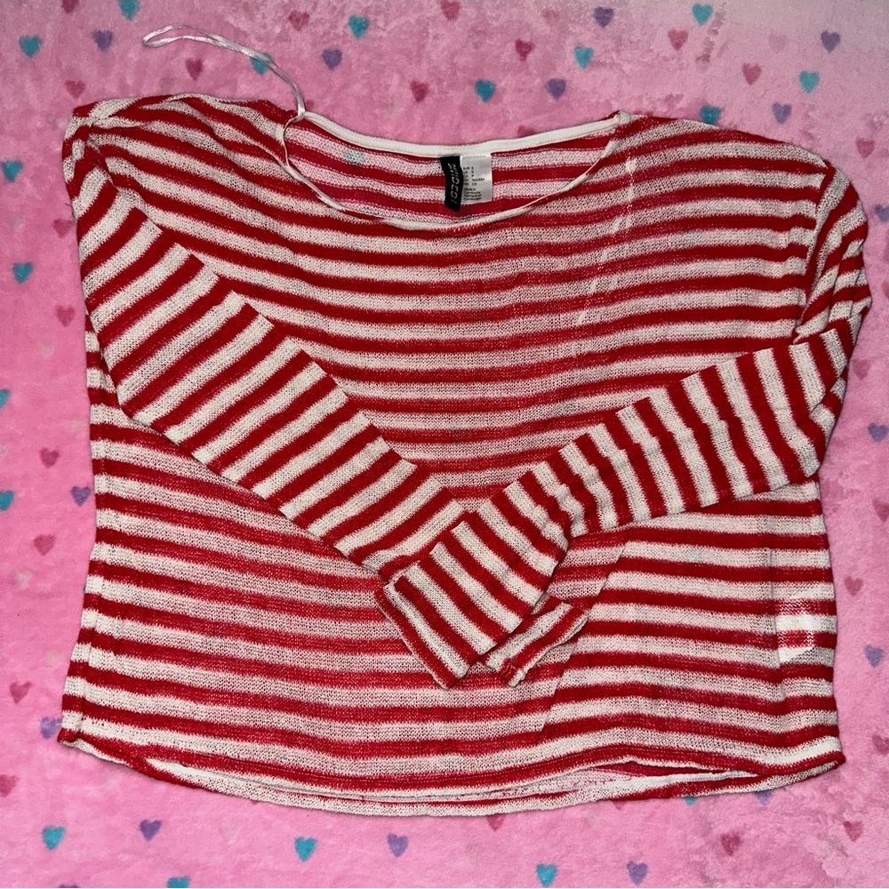 Red & white striped sheer long sleeve blouse